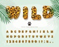 Leopard skin cartoon font. Jaguar, cheetah fur print bright alphabet. Funny animal letters and numbers. Vector