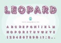 Leopard skin 3D cartoon font. Pink Jaguar, cheetah fur print bright alphabet. Decorative animal letters and numbers Royalty Free Stock Photo