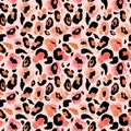Leopard Animal skin seamless pattern with pink, black, beige and orange spots of watercolor paint.