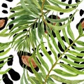 Watercolor leopard skin and tropical palm leaves seamless pattern. Hand painted cheetah fur print Royalty Free Stock Photo