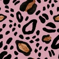 Trendy leopard or jaguar seamless pattern with blavk spot rosettes on purple pink background. Wild cat skin print Royalty Free Stock Photo