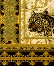 Leopard skin texture and cheetah head with golden borders, floral paisley pattern. Luxury baroque background. - illustration.