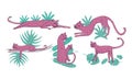 Leopard Standing and Lying on Palm Leaves Vector Set. Stylized Funny African Animal