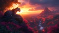 Leopard sunset mountaintop view, fiery valley, jungle Royalty Free Stock Photo