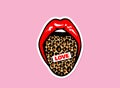 Leopard Tongue sticking out with love lettering inscription. Sexy Red lips vector illustration. Female Beautiful mouth