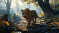 A leopard walking through a forest in the middle of day, AI Royalty Free Stock Photo