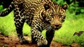 A leopard walking on the grass in the forest, AI Royalty Free Stock Photo