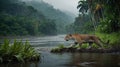 A leopard walks along a riverbank in a lush, misty jungle setting Royalty Free Stock Photo