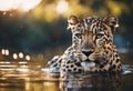A leopard in water