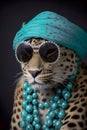 Leopard wearing sunglasses and a necklace