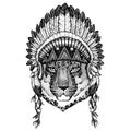 Leopard. Wild animal wearing inidan headdress with feathers. Boho chic style illustration for tattoo, emblem, badge