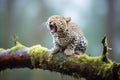 leopard yawning on a mossy limb