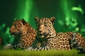 Leopards lies on a rest in the day of Africa on a green background. AI generated.