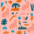 Leopards sitting in the jungle, surrounding by various of tropical plants Paper cut out collage illustration in vector.