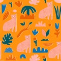 Leopards Sitting In The Jungle, Surrounding By Various Of Tropical Plants Paper Cut Out Collage Illustration In Vector.
