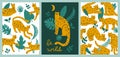 Leopards and tigers cards. Cute animals, primitive doodle style, exotic wildlife, tropical plants, trendy jaguars and