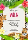 Leopards with tropical leaves, flowers, wild party invitation