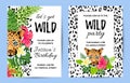 Leopards with tropical leaves, flowers, wild party invitations set