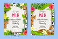 Leopards with tropical leaves, flowers, wild party invitations set