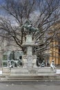 Leopold Fountain, sculpture covered with snow, Innsbruck, Austria