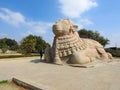 Closeup of beautiful huge or big Lord Shiva Vehicle Nandi, Basava in a blue sky background