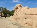 Closeup of beautiful huge or big Lord Shiva Vehicle Nandi, Basava in a blue sky background