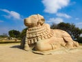 Closeup of beautiful huge or big Lord Shiva Vehicle Nandi, Basava in a blue sky background