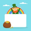 Leprechaun with Blank Banner and Pot of Gold Coins, St. Patricks Day Background, Greeting Card, Advertising Poster Royalty Free Stock Photo