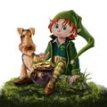 Leprechaun boy, Irish Terrier and pot of gold