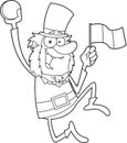 Outlined Lucky Leprechaun Cartoon Character Jumping With Golden Coin And Irish Flag Royalty Free Stock Photo