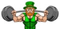 Leprechaun Mascot Weightlifter Lifting Big Barbell