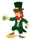 Leprechaun Celebrating St. Patrick's Day with Beer and Gold Coins, Vector Illustration