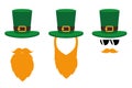 Leprechaun character face with red beard and green hat set