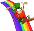 Happy Leprechaun Cartoon Character Riding A Rainbow