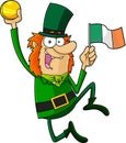 Lucky Leprechaun Cartoon Character Jumping With Golden Coin And Irish Flag Royalty Free Stock Photo