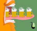 Leprechaun drinking beer. Scary Gnome reddish beard and mug of a