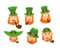 Leprechaun Emoji set. Happy and Sad. Angry and sleeping. surprised and winks. Dwarf with red beard. Irish elf emotions.