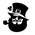 Leprechaun face icon with hat, sunglasses, pipe, and clover Saint Patricks Day logo Hand drawn black vector illustration