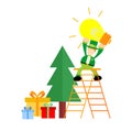 Leprechaun and Lamp Idea Christmas Pine Tree Cartoon Doodle flat design vector illustration