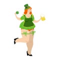 Leprechaun girl with red hair and beer. Beautiful woman in green