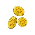 Leprechaun gold coins with shamrock symbol, traditional irish sign of good luck in cartoon style Royalty Free Stock Photo