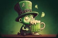 leprechaun in a green hat drinks beer at a bar on St. Patrick's Day. Cartoon style Royalty Free Stock Photo