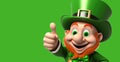 Leprechaun in green suit with red beard on color background. Funny main character of Irish festivity. Saint Patrick day, human