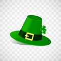 Leprechaun hat with fhree leafed clover isolated on transparent background. St. Patrick s day holiday good luck, object