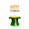 Leprechaun hat filled with gold. Saint Patricks Day Card. Vector
