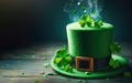 A leprechaun hat full of gold and green clover leaves, Patricks Day on a wooden Royalty Free Stock Photo