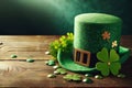 A leprechaun hat full of gold and green clover leaves, Patricks Day on a wooden Royalty Free Stock Photo