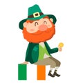 Leprechaun with a hat and a gold coin. St. Patrick`s day card.