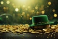 Leprechaun hat with golden coins on bokeh background, composition with green beer, shamrock, leprechaun hat,