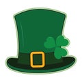 Leprechaun hat and shamrock under buckle ribbon. Sticker with dotted line around. Isolated design